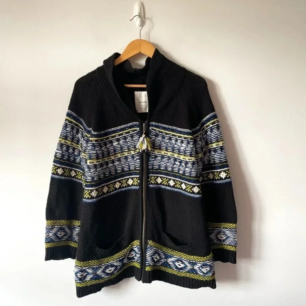 Anthropologie Sparrow Batley Fairisle Black Multi Cardigan Sweater Coat Medium - Picture 2 of 6